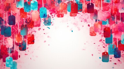 An artistic layout of red, blue, pink, and green tags scattered on a smooth white surface. Some tags are upright, while others are tilted or overlapping, creating a dynamic composition.