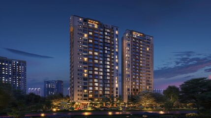 Naklejka premium Nighttime urban scene tall apartment building with illuminated windows against dark sky