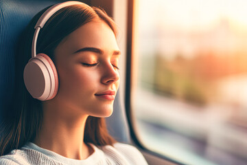 Relaxing journey young woman enjoys music on train evening light lifestyle tranquil atmosphere