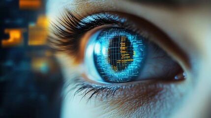 Close-up view of a human eye with digital data visualization highlights, showcasing the fusion of human vision and technology in an abstract setting
