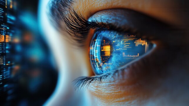 Close-up of a human eye reflecting digital data and technology in a futuristic setting showcasing the intersection of human vision and information