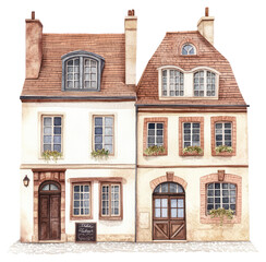 Fototapeta premium PNG Vintage French townhouses architecture illustration watercolor.