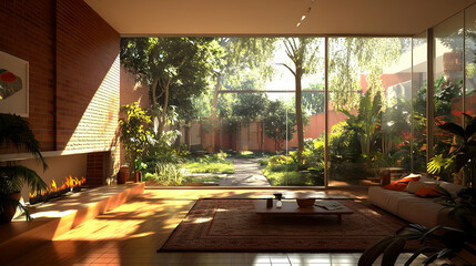 Fototapeta premium Sunlit Interior Design 3D Illustration: Brick Walls, Lush Garden View