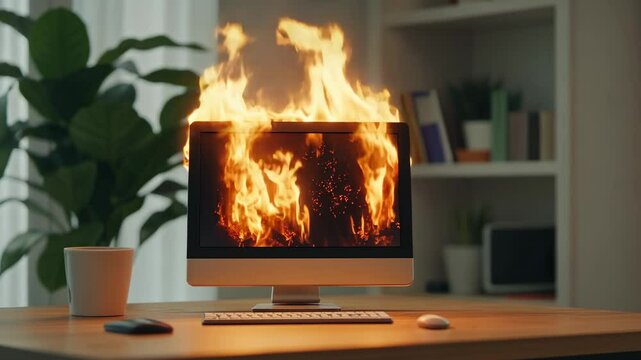 Computer catches fire inside modern home office during a work session