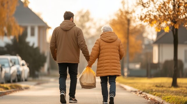 A young man helps an elderly person with groceries on a quiet, tree-lined street at dusk