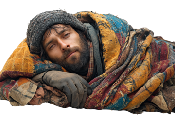 A weary man wrapped in colorful blankets, displaying the struggles of homelessness. His expression evokes empathy and reflection on social challenges.