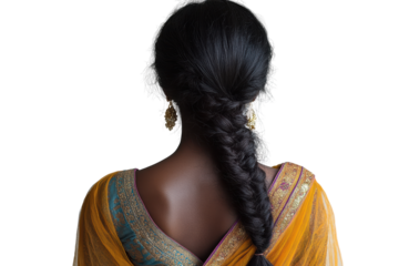 A woman wearing a traditional saree with a beautiful braid, seen from the back. The image captures cultural elegance and femininity on a white background.
