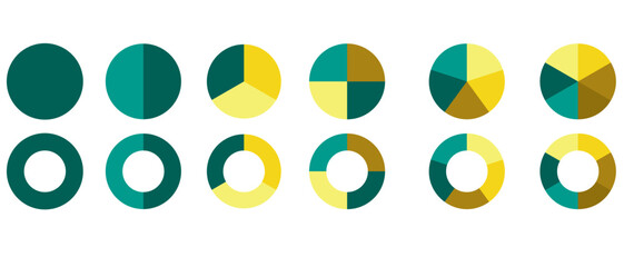 Circle division infographic icon set. Pie chart divided 4,5,6 equal parts. Color pizza or donut round diagram. Infographic wheel segment and fraction. Vector illustration isolated on white background.