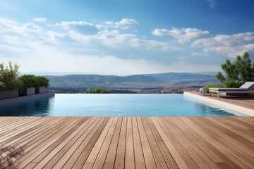 An elegant swimming pool with a modern design, featuring a sleek infinity edge that overlooks a scenic view. The pool is surrounded by a stylish deck made of natural wood