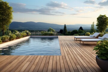 An elegant swimming pool with a modern design, featuring a sleek infinity edge that overlooks a scenic view. The pool is surrounded by a stylish deck made of natural wood