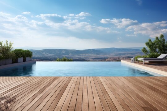 An elegant swimming pool with a modern design, featuring a sleek infinity edge that overlooks a scenic view. The pool is surrounded by a stylish deck made of natural wood