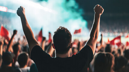 Exciting sports rally stadium crowd celebration nighttime enthusiastic viewpoint energy and unity