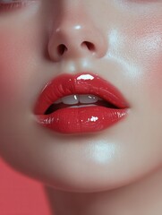Naklejka premium Close-up view of glossy red lips with a soft glow against a pink background highlighting charm and beauty