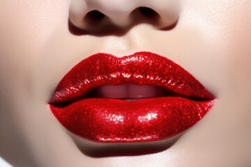 Obraz premium Artistic close-up of bold red lips featuring a glossy finish, set against a stark white background. The lips are adorned with a touch of shimmer, creating an alluring sparkle.