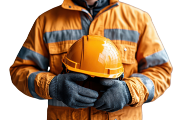 A worker in an orange safety jacket holds a yellow hard hat, emphasizing construction and safety protocols in industrial environments.