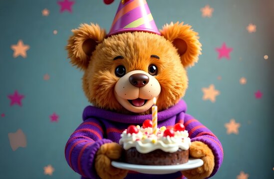 A cheerful teddy bear in a party hat is joyfully holding a birthday cake