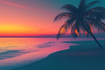 Beach sunset with warm golden light reflecting on the water. Silhouette of palm trees and soft sand in the foreground, colorful sky transitioning to deep blue