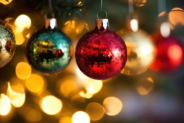 Fototapeta premium Brightly colored ornaments and Christmas decorations are captured in a bokeh effect, with soft circles of light creating a warm and inviting ambiance. The vibrant reds