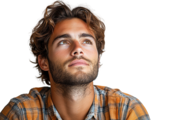 A young man gazes thoughtfully upwards, with a relaxed expression, wearing a casual plaid shirt. Isolated on a clean white background.