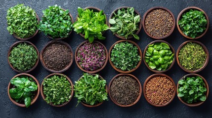 Fresh and Vibrant Selection of Culinary Herbs and Spices in Individual Clay Bowls on Dark Background for Healthy Cooking and Culinary Arts