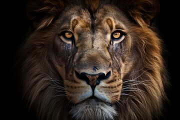 Fototapeta premium Close-up of a fierce lion's face, highlighting its intricate facial features, including sharp whiskers and a strong jawline