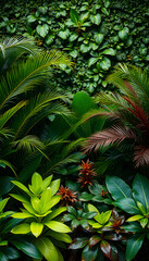 Tropical trees arranged in full background Or full wall There are leaves in different sizes, different colors, various sizes, many varieties. Another garden layout, studio lighting. isolated with wh