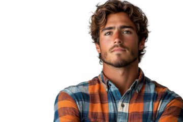A young man with curly hair wearing a plaid shirt, posing confidently with crossed arms against a transparent background.