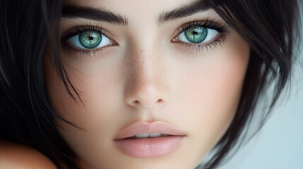 Fototapeta premium Stunning close-up portrait of a person with captivating green eyes and delicate features, showcasing beauty and elegance in a soft natural light setting
