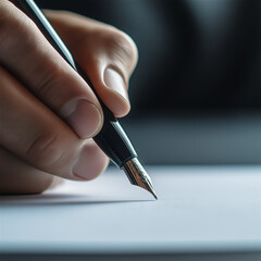 Close-up of a hand writing on white paper with a black fountain pen, focusing on the tip of the pen and delicate handwriting detail.