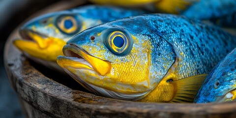 Vibrant fish with blue and yellow colors are gathered together in a rustic bowl
