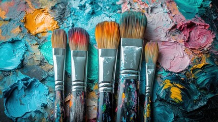 Paintbrushes on colorful palette.