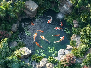 Aerial view of koi pond in lush garden.