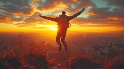Fototapeta premium Person jumping at sunset, expressing joy and freedom.