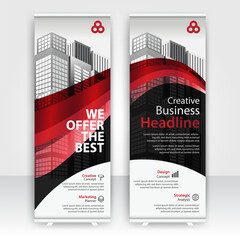 Modern design of annual report display stands showcasing professional graphics in an office environment with red color
