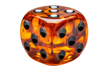 Close-up of a translucent orange die showing the six and five dots, isolated on a white background. Perfect for games and betting themes.