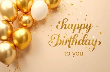A birthday card with gold and white balloons saying happy birthday