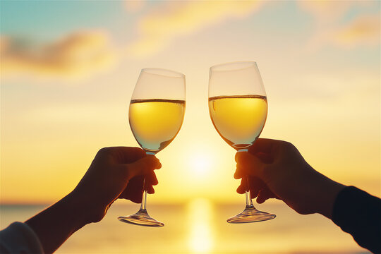 Two hands holding wine glasses in a sunset setting, symbolizing celebration, romance, and enjoyment of special moments with golden hues.