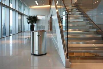 A sleek and minimalist dustbin design in a contemporary office setting, strategically placed near a staircase with clean lines and modern decor