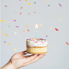 A single candle on a small birthday cake held by a hand against a confetti-filled background. The minimalistic composition with pastel colors creates a festive, celebratory mood.