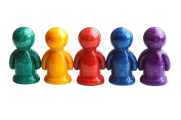 Colorful game pieces lined up, showcasing a range of vibrant hues against a white isolate background.