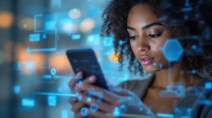Woman interacting with a chatbot on a digital screen, exploring insights about the future of work and employment trends.