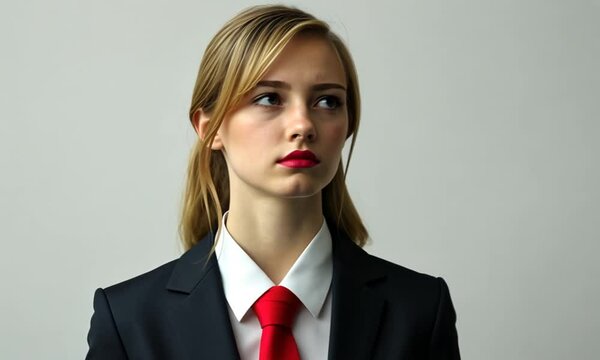 side portrait of angry smirking woman with mouth closed like mrbeast in his thumbnails looking to the side, blond hair, business suit with red tie, white background