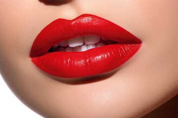 Obraz premium Intimate close-up of striking red lips featuring a soft, velvety texture. The lips are beautifully contoured and perfectly shaped, exuding an air of allure. 