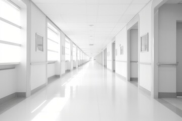 Obraz premium Long hospital corridor with a soft-focus effect on the background, showcasing a serene and professional healthcare setting