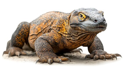 Obraz premium Ferocious Komodo dragon in its natural habitat, embodying ancient power and strength, vector graphic, white background ::2 prehistoric aura, scaly textures, fierce gaze, animated, simple 