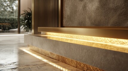 Modern minimalist interior design featuring stone and gold accents