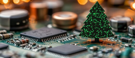Obraz premium Festive Christmas tree miniature on circuit board.