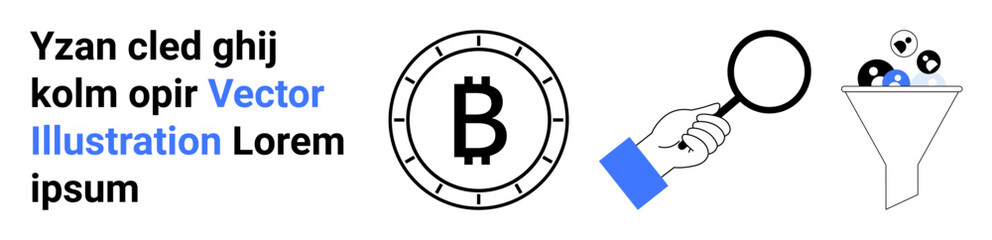 Bitcoin currency symbol, magnifying glass, funnel with various icons. Ideal for cryptocurrency, digital money, financial analysis, investment, filtering data, blockchain technology, business