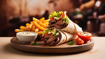 This mouthwatering image features a delicious plate of beef shawarma, perfectly grilled to lock in the rich, smoky flavors of tender beef. The shawarma is garnished with fresh ingredients like crispy.