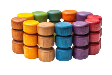 Colorful wooden game pieces arranged in a circular pattern on a reflective surface, showcasing vibrant hues and textures.